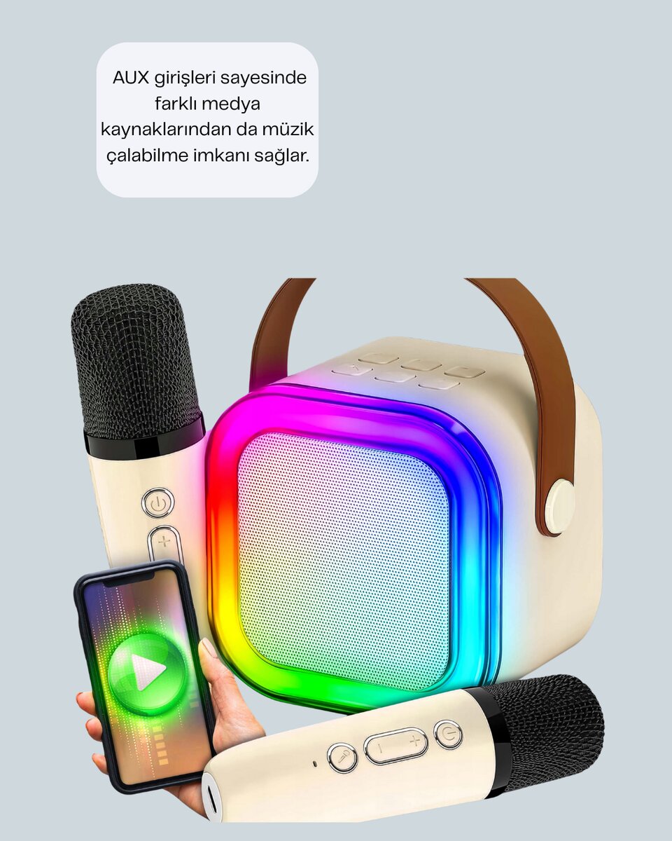 LED Işıklı Taşınabilir Karaoke Hoparlör – USB & AUX Girişli