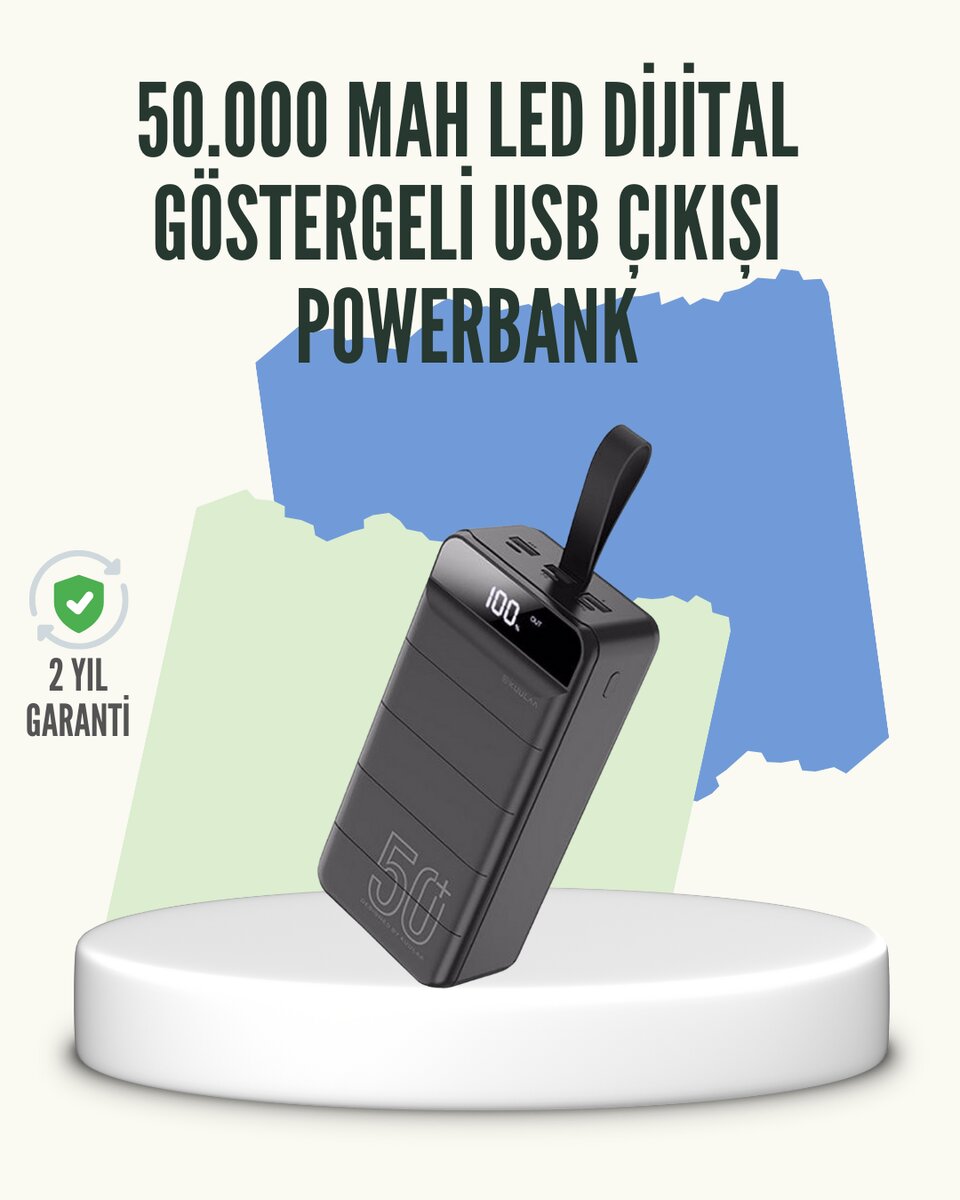 Yüksek Kapasiteli 50.000 mAh Powerbank – Type-C, Lightning ve Micro USB Uyumlu, Çoklu Cihaz Şarj Özellikli Yüksek Kapasiteli 50.000 mAh Powerbank – Type-C, Lightning ve Micro USB Uyumlu, Çoklu Cihaz Şarj Özellikli