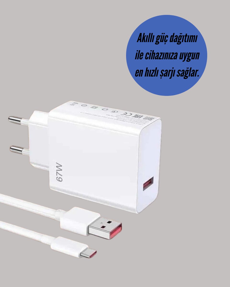 Güvenli ve Hızlı Şarj İçin 67W Turbo Adaptör Type-C Kablo ile Güvenli ve Hızlı Şarj İçin 67W Turbo Adaptör Type-C Kablo ile