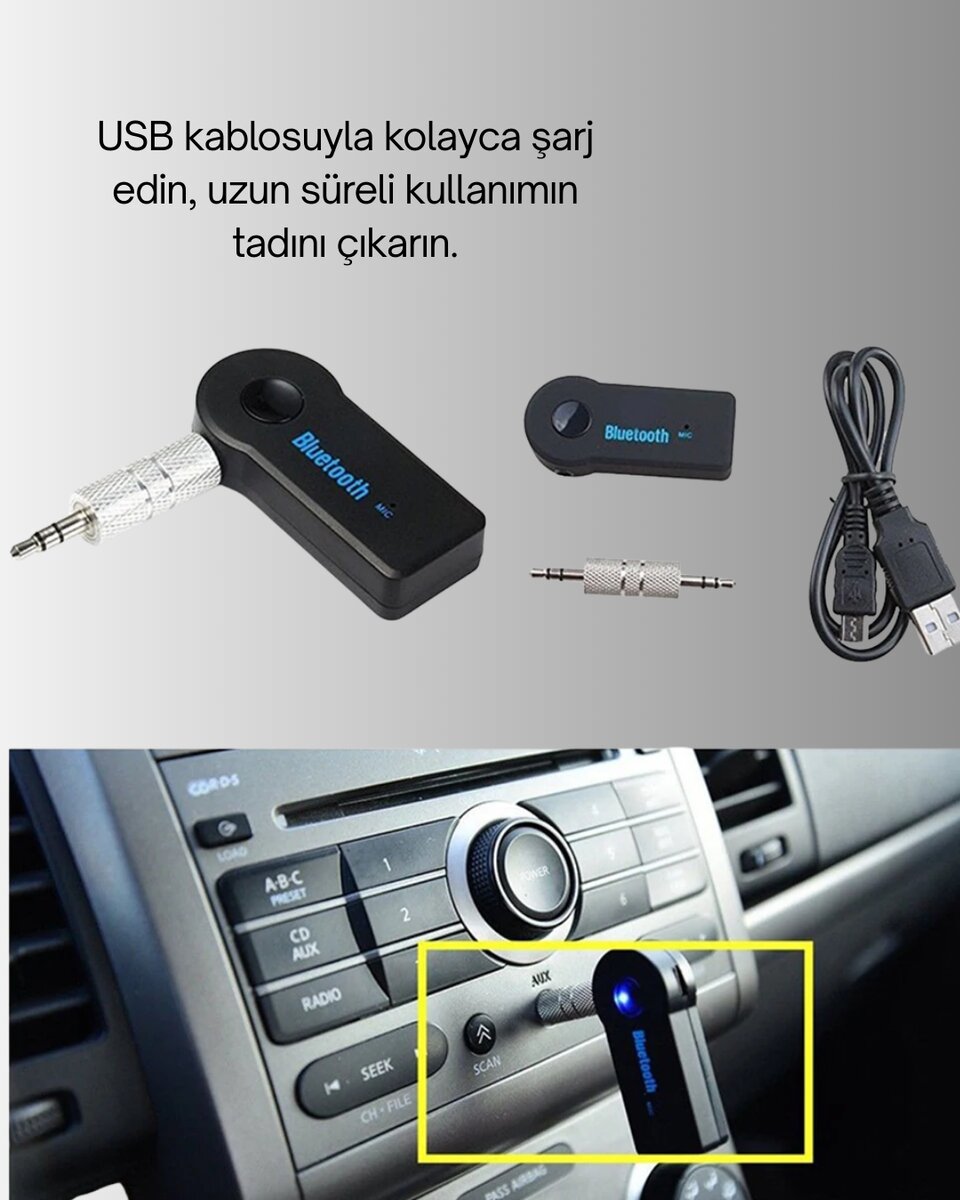 Araç İçi Bluetooth AUX Müzik ve Telefon Görüşmesi Adaptörü Araç İçi Bluetooth AUX Müzik ve Telefon Görüşmesi Adaptörü