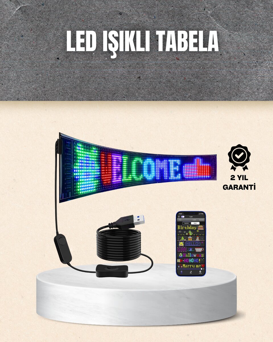 RGB Kayar Yazılı LED Reklam Ekranı – USB Bağlantılı Esnek Tasarım RGB Kayar Yazılı LED Reklam Ekranı – USB Bağlantılı Esnek Tasarım