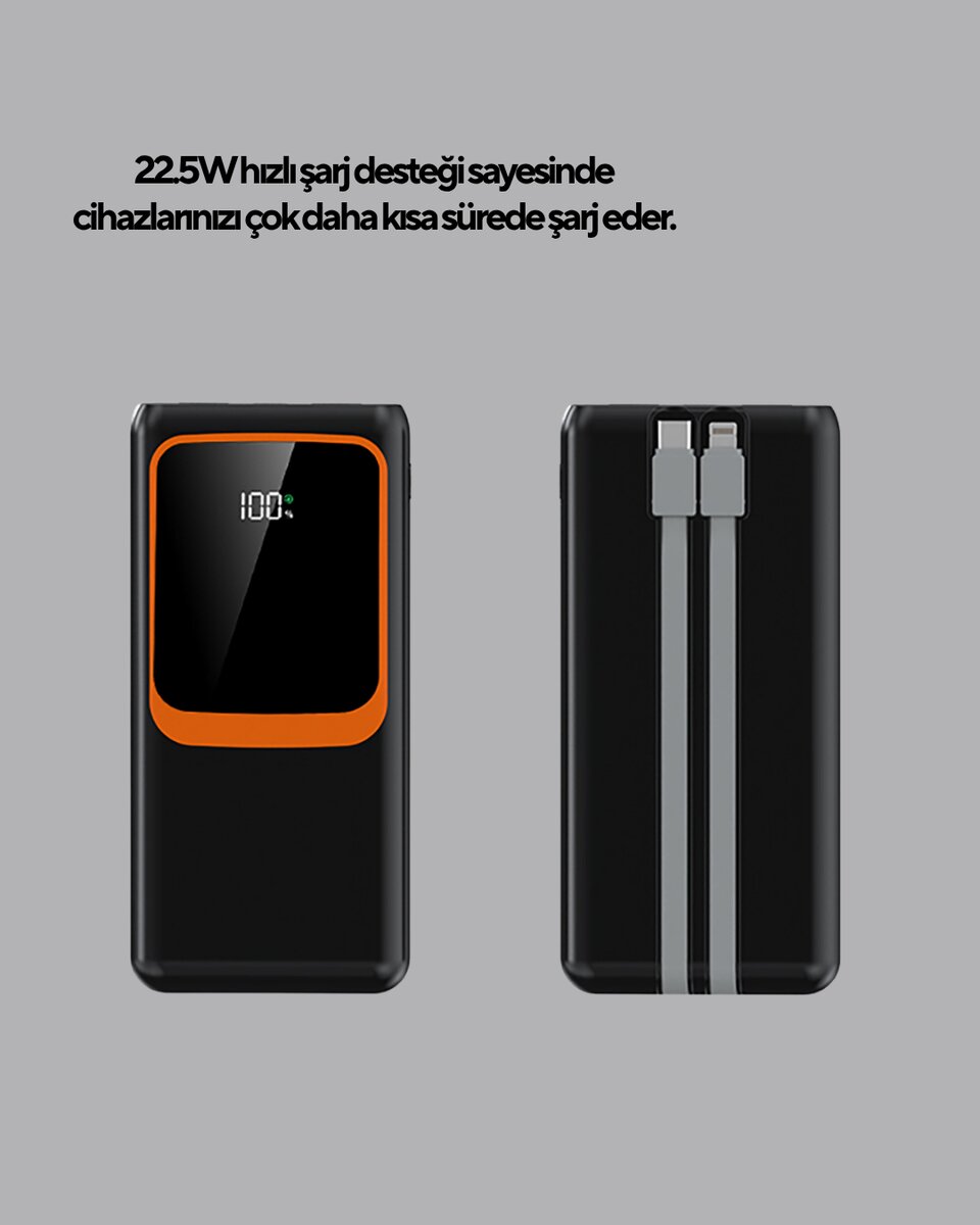 Powerbank 20000 mAh Dijital Ekranlı ve Çok Kablolu Hızlı Şarj Cihazı