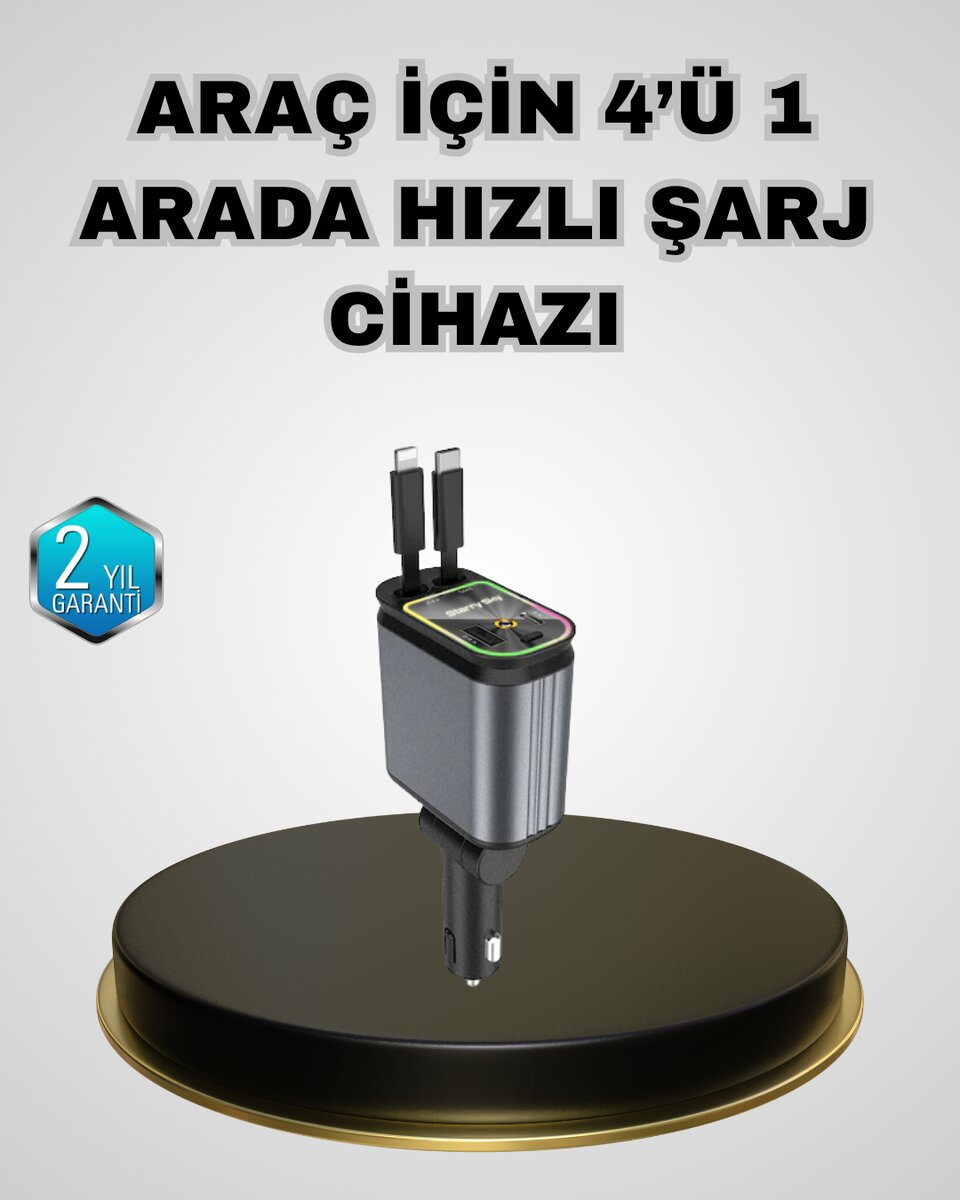Araç Şarj Adaptörü 66W PD QC Hızlı Şarjlı ve Çekilebilir Kablolu