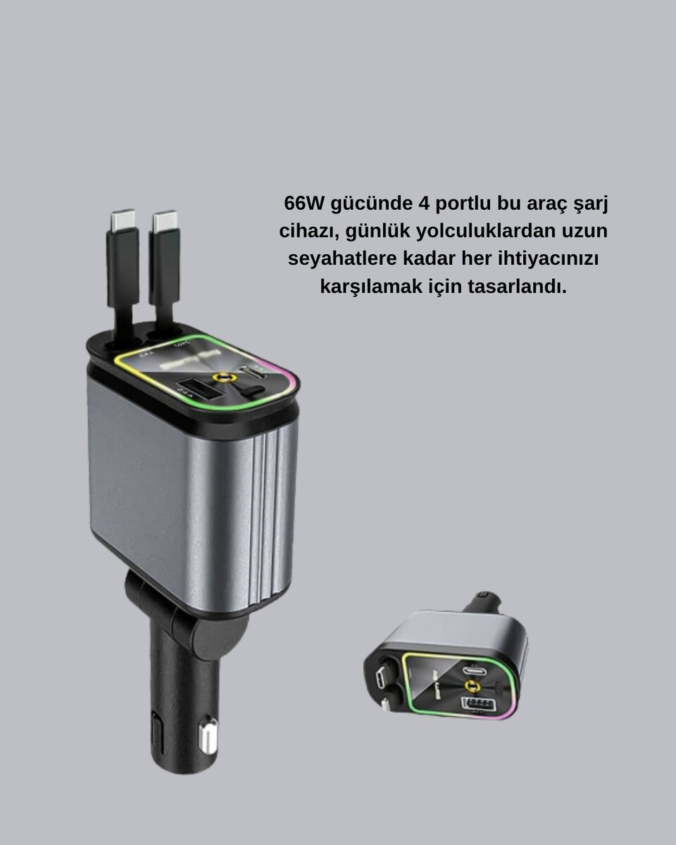 Araç Şarj Cihazı 4 Portlu 66W Hızlı Şarjlı LED Işıklı ve 180° Dönebilir Araç Şarj Cihazı 4 Portlu 66W Hızlı Şarjlı LED Işıklı ve 180° Dönebilir