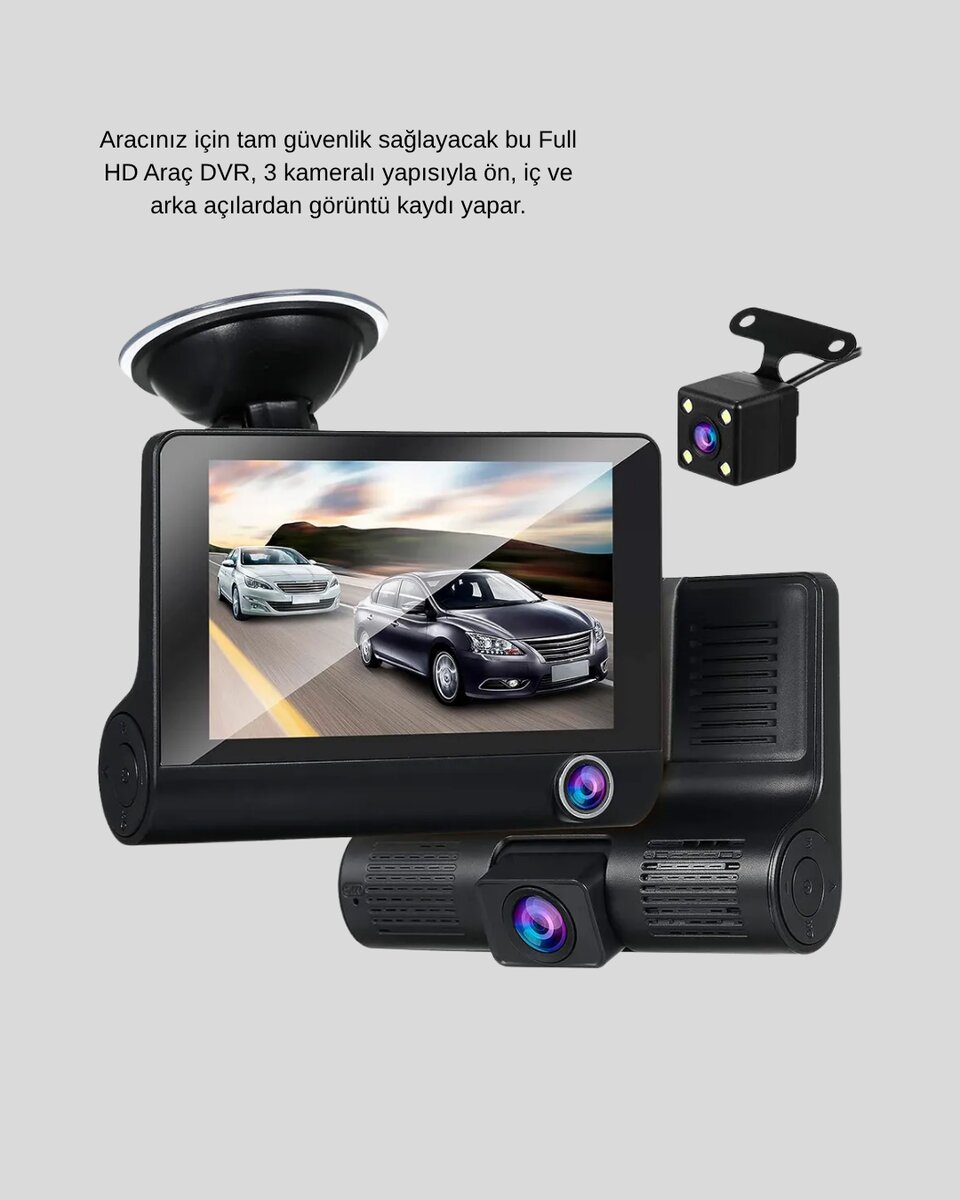 Araç DVR Kamerası 3’lü 170° Geniş Açılı Full HD ve Park Destekli Araç DVR Kamerası 3’lü 170° Geniş Açılı Full HD ve Park Destekli