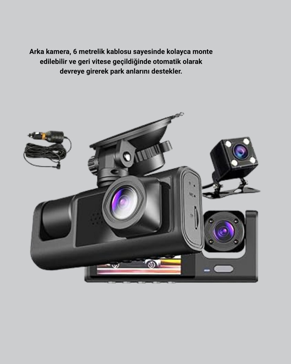 Full HD Üç Kameralı Araç Kamerası 170° Geniş Açılı ve Park Destekli Full HD Üç Kameralı Araç Kamerası 170° Geniş Açılı ve Park Destekli
