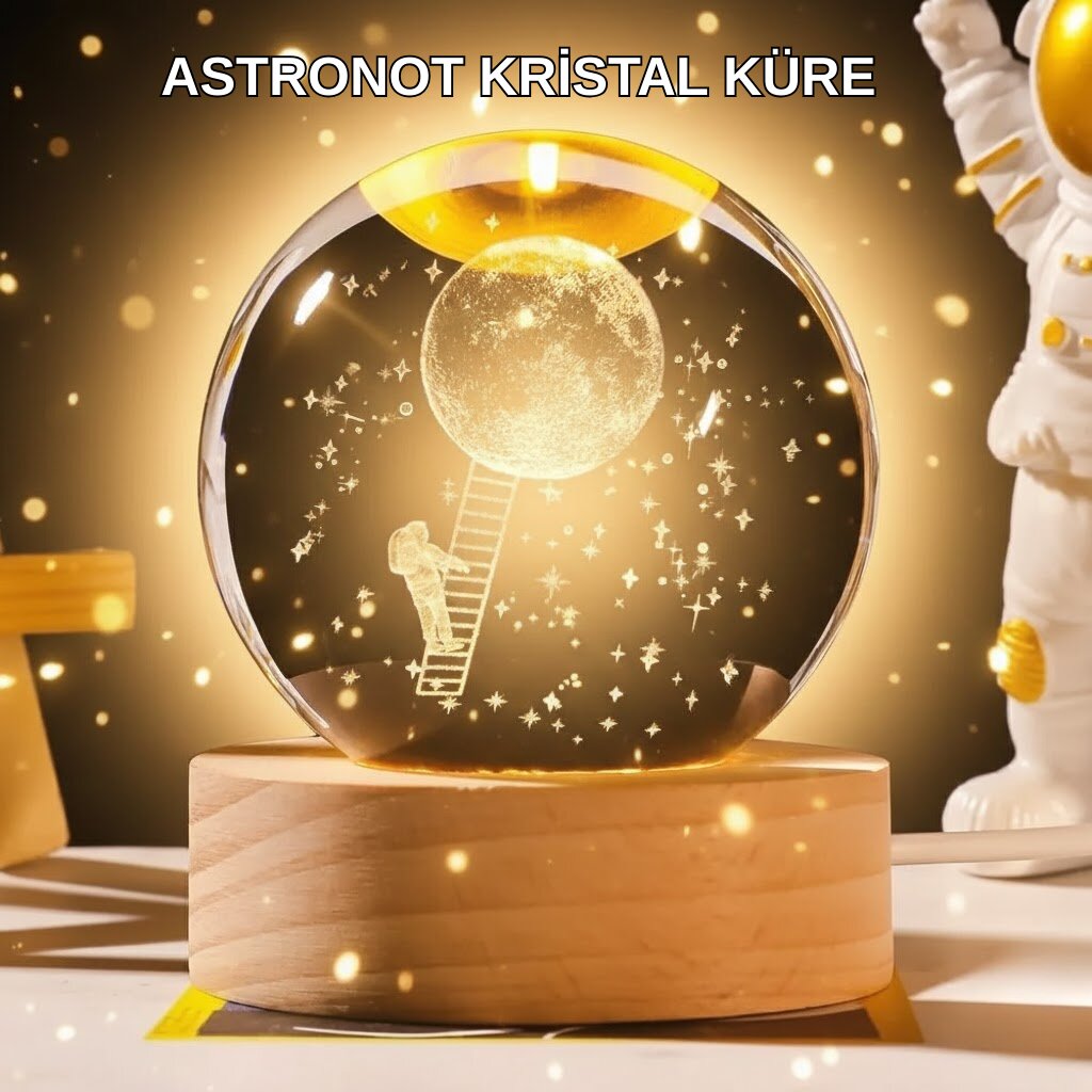 5 cm 3D Kristal Astronot Küre Lamba – Dekoratif LED Işıklı Ahşap Stand 5 cm 3D Kristal Astronot Küre Lamba – Dekoratif LED Işıklı Ahşap Stand