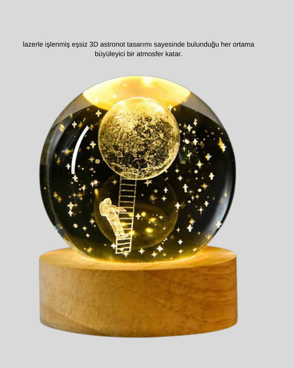 5 cm 3D Kristal Astronot Küre Lamba – Dekoratif LED Işıklı Ahşap Stand 5 cm 3D Kristal Astronot Küre Lamba – Dekoratif LED Işıklı Ahşap Stand