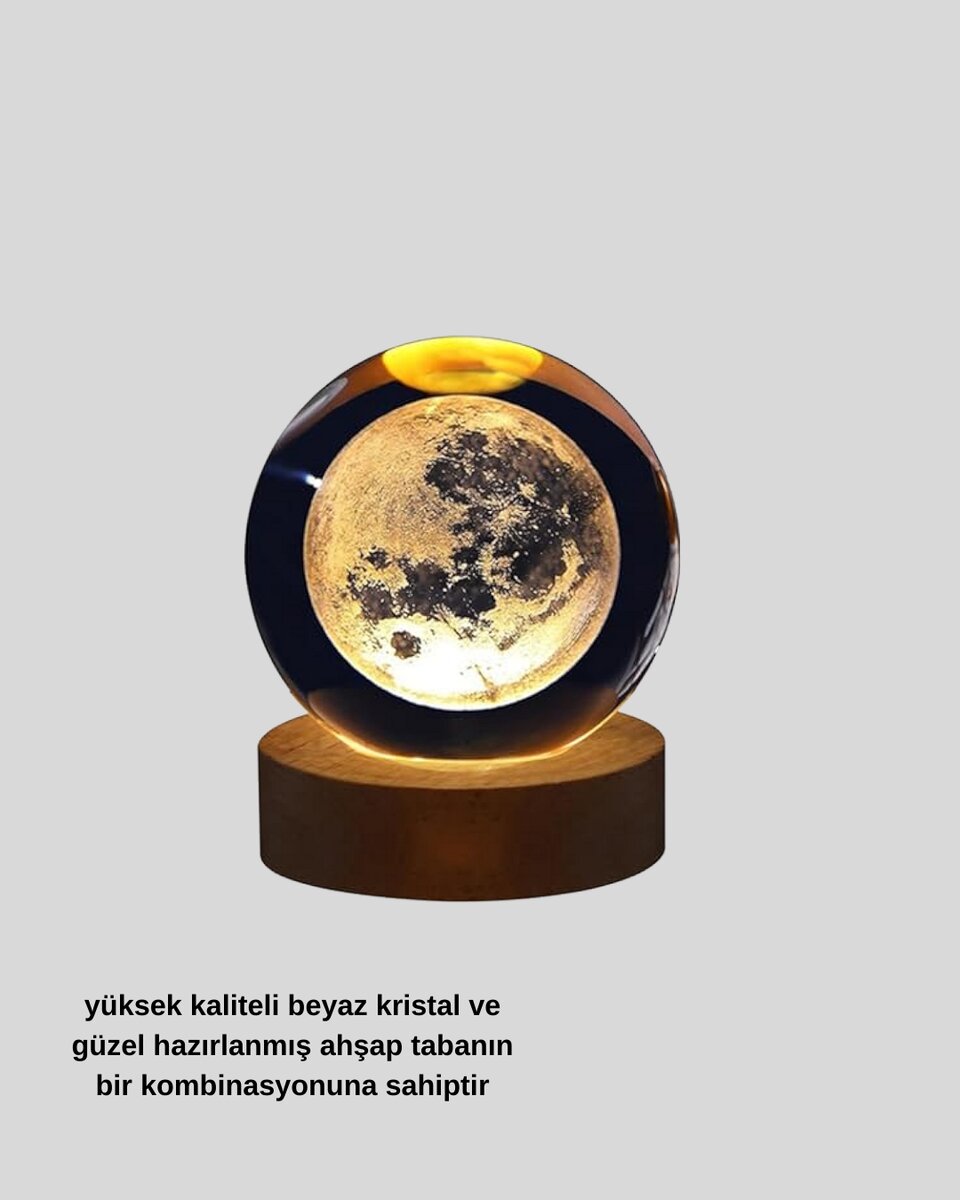 USB Işıklı Ay Kristal Küre 3D Oyma Tasarım Ahşap Standlı Gece Lambası USB Işıklı Ay Kristal Küre 3D Oyma Tasarım Ahşap Standlı Gece Lambası