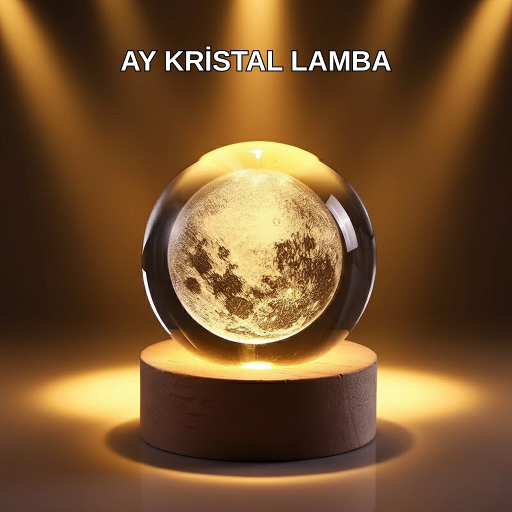 USB Işıklı Ay Kristal Küre 3D Oyma Tasarım Ahşap Standlı Gece Lambası USB Işıklı Ay Kristal Küre 3D Oyma Tasarım Ahşap Standlı Gece Lambası