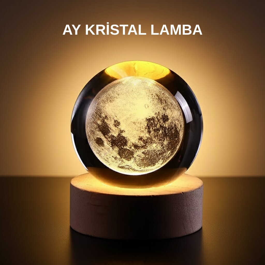 Ay Figürlü 3D Kristal Küre LED Gece Lambası Ahşap Standlı Dekoratif Lamba Ay Figürlü 3D Kristal Küre LED Gece Lambası Ahşap Standlı Dekoratif Lamba