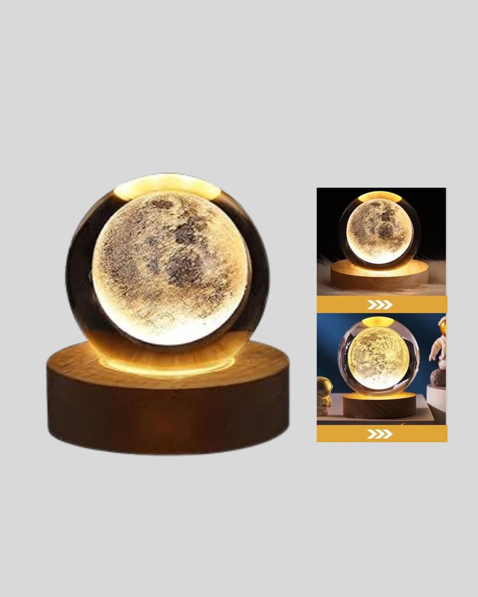 8 cm Ay Desenli Kristal Küre Sıcak LED Işıklı Ahşap Tabanlı Oda Lambası
