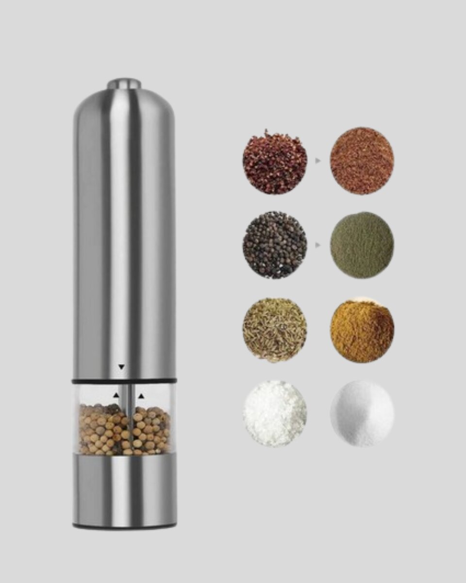 Modern Otomatik Baharat Öğütücü Seti – Pilli, Paslanmaz Çelik, LED Aydınlatmalı Modern Otomatik Baharat Öğütücü Seti – Pilli, Paslanmaz Çelik, LED Aydınlatmalı