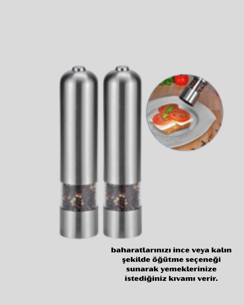 Modern Otomatik Baharat Öğütücü Seti – Pilli, Paslanmaz Çelik, LED Aydınlatmalı Modern Otomatik Baharat Öğütücü Seti – Pilli, Paslanmaz Çelik, LED Aydınlatmalı