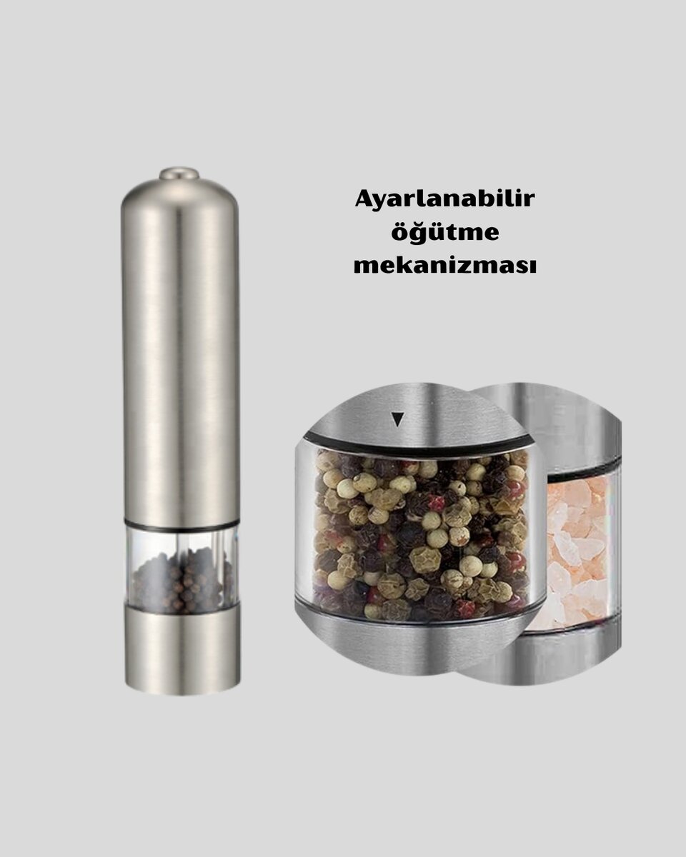 Modern Otomatik Baharat Öğütücü Seti – Pilli, Paslanmaz Çelik, LED Aydınlatmalı Modern Otomatik Baharat Öğütücü Seti – Pilli, Paslanmaz Çelik, LED Aydınlatmalı