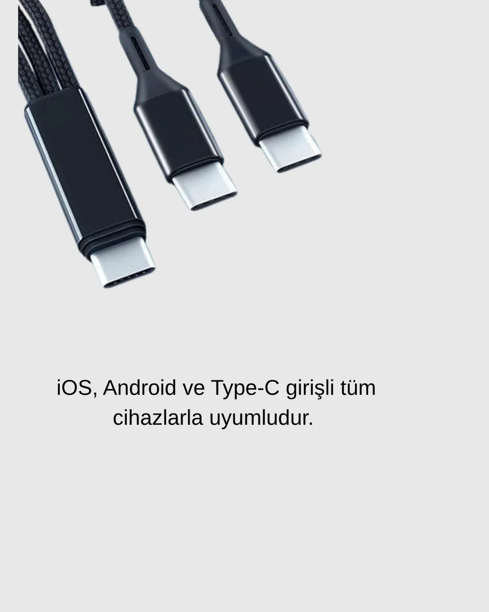 3 Başlıklı Hızlı Şarj Kablosu Metal Alaşımlı Dayanıklı ve Akıllı Çipli