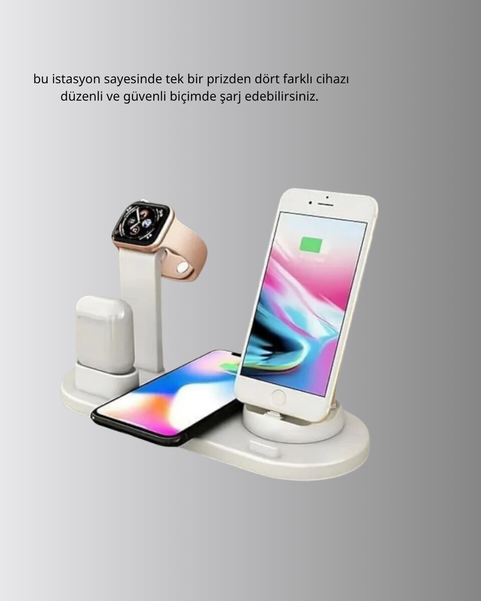 Apple Uyumlu Kablosuz Şarj İstasyonu 4 Cihaz Destekli ve Hızlı Şarjlı Apple Uyumlu Kablosuz Şarj İstasyonu 4 Cihaz Destekli ve Hızlı Şarjlı