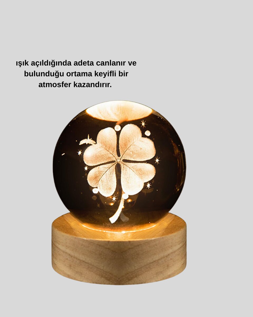Yonca Figürlü Cam Küre USB Işıklı Ahşap Tabanlı Dekoratif Masa Lambası Yonca Figürlü Cam Küre USB Işıklı Ahşap Tabanlı Dekoratif Masa Lambası