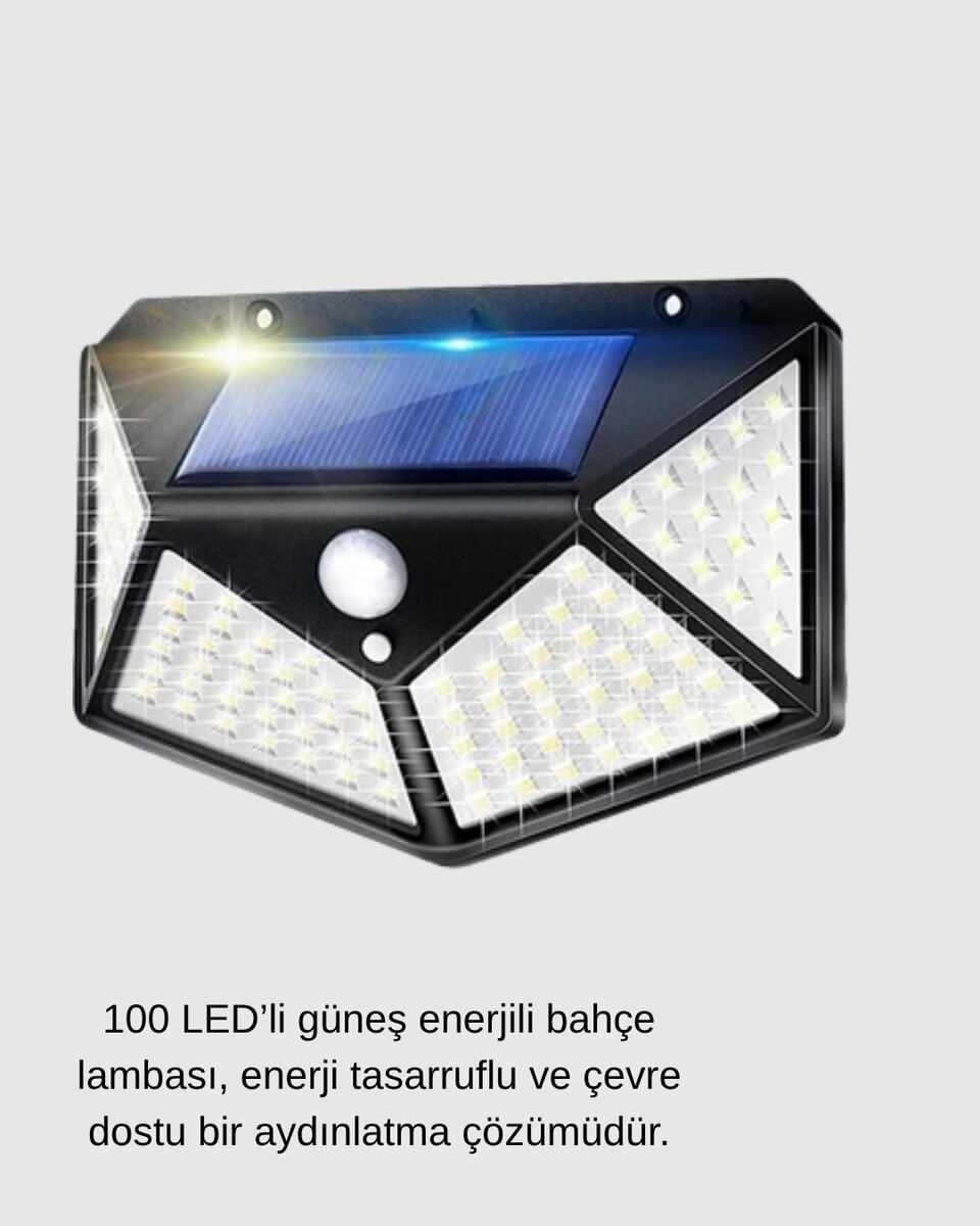 Güneş Enerjili 100 LED Dış Mekan Lamba – Hareket Sensörlü, 2200mAh Bataryalı Solar Aydınlatma Güneş Enerjili 100 LED Dış Mekan Lamba – Hareket Sensörlü, 2200mAh Bataryalı Solar Aydınlatma