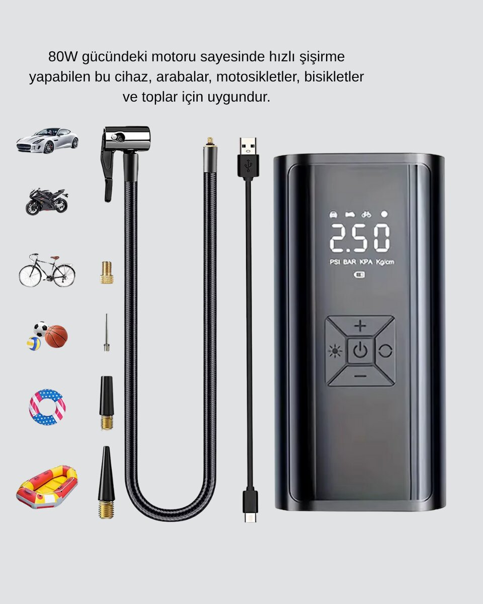 Taşınabilir 80W Kablosuz Lastik Şişirme Pompası Dijital Ekranlı Taşınabilir 80W Kablosuz Lastik Şişirme Pompası Dijital Ekranlı