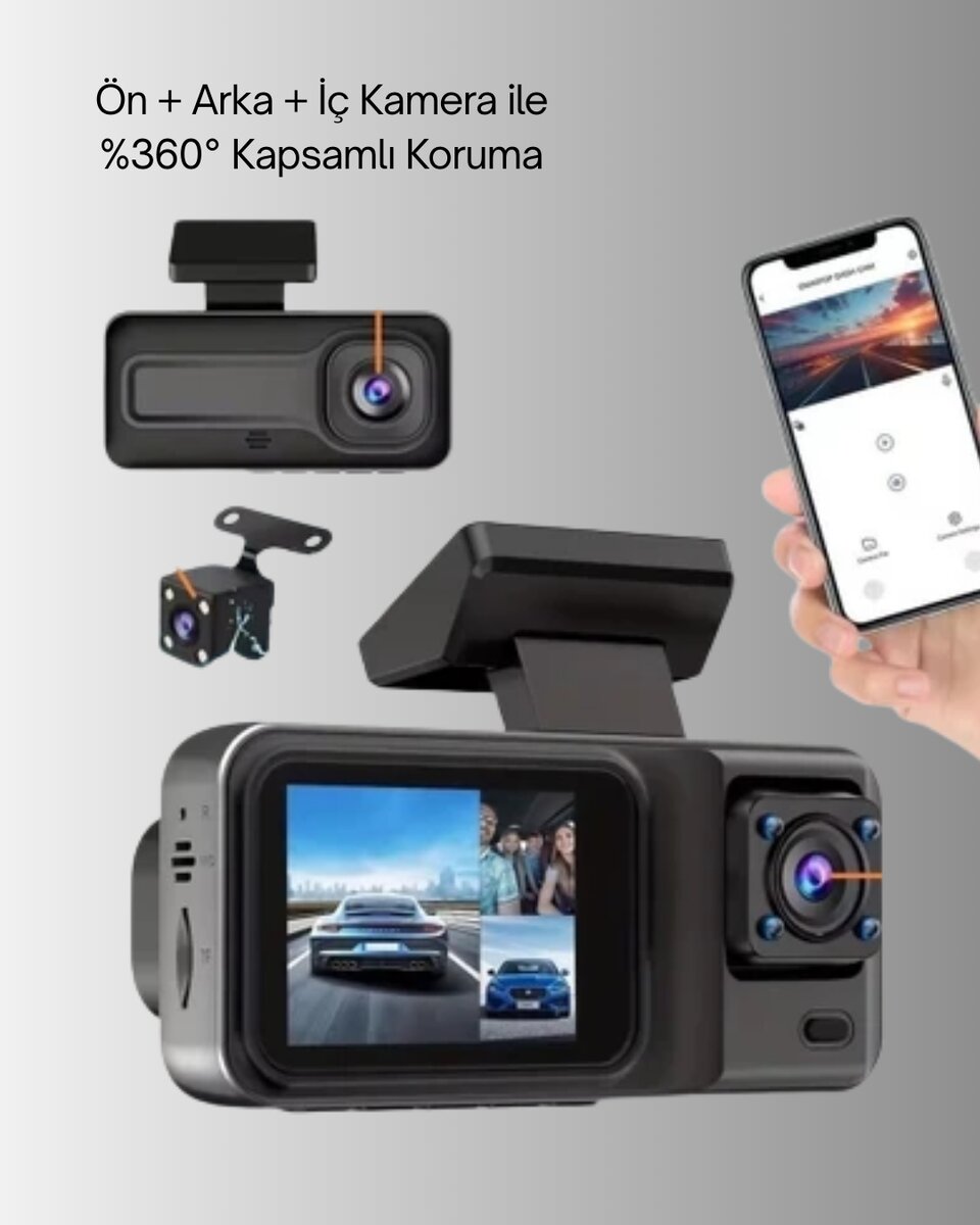 3 Kameralı Araç İçi Kayıt Cihazı 1080P Full HD Gece Görüşlü ve Wi-Fi Bağlantılı 3 Kameralı Araç İçi Kayıt Cihazı 1080P Full HD Gece Görüşlü ve Wi-Fi Bağlantılı
