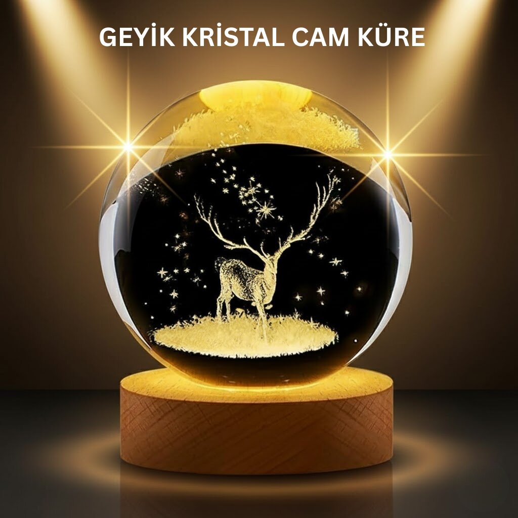 LED Işıklı Geyikli Kristal Küre Ahşap Standlı Modern Dekor Lamba LED Işıklı Geyikli Kristal Küre Ahşap Standlı Modern Dekor Lamba