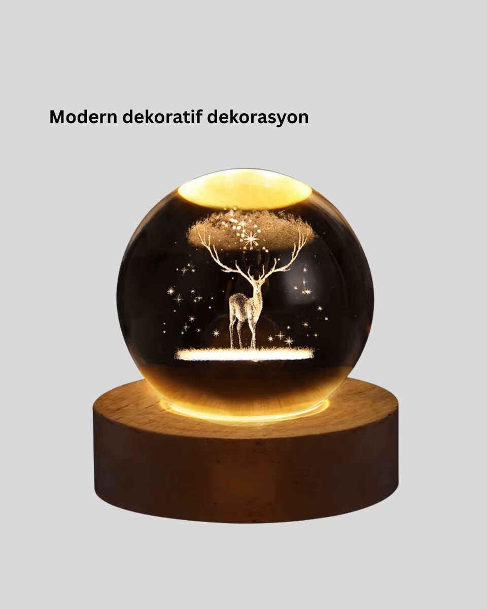 LED Işıklı Geyikli Kristal Küre Ahşap Standlı Modern Dekor Lamba LED Işıklı Geyikli Kristal Küre Ahşap Standlı Modern Dekor Lamba