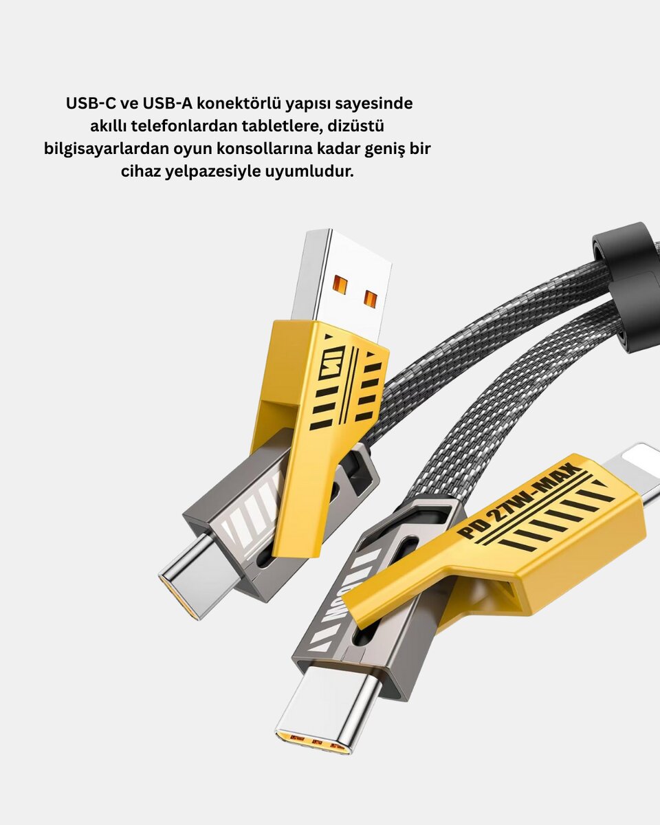 USB-C USB-A 4’ü 1 Arada Örgülü Kablo 65W Hızlı Şarj Metal Uç Dayanıklı USB-C USB-A 4’ü 1 Arada Örgülü Kablo 65W Hızlı Şarj Metal Uç Dayanıklı
