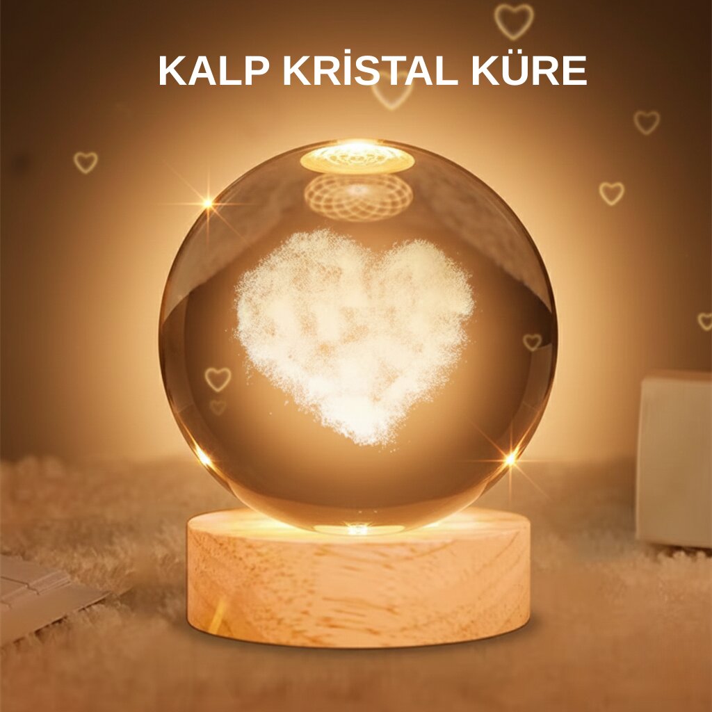 Kalpli Işıklı Cam Küre Ahşap Standlı Dekoratif Gece Lambası Kalpli Işıklı Cam Küre Ahşap Standlı Dekoratif Gece Lambası