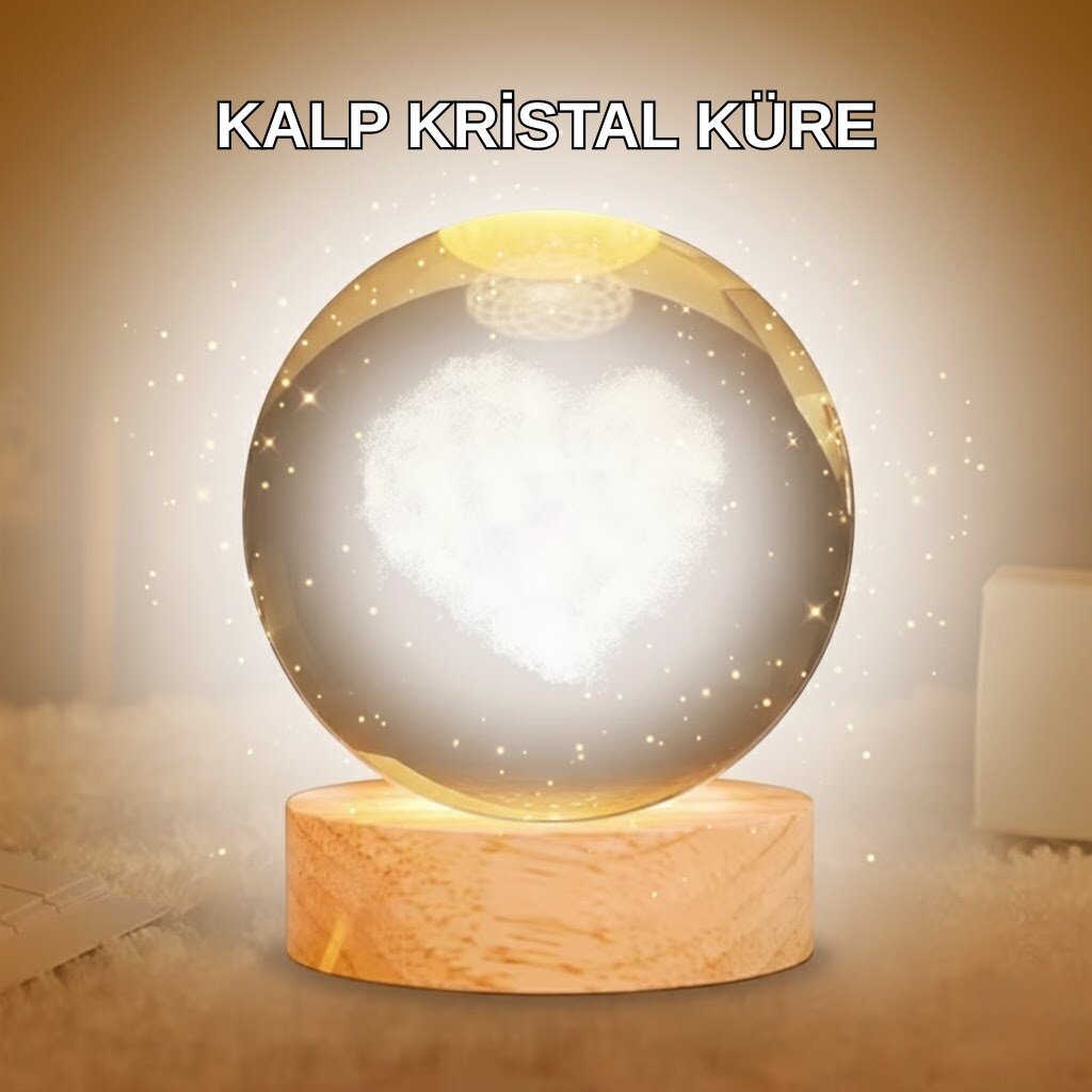 Kalpli LED Işıklı Cam Küre Büyük Boy Kristal Tasarım Kalpli LED Işıklı Cam Küre Büyük Boy Kristal Tasarım