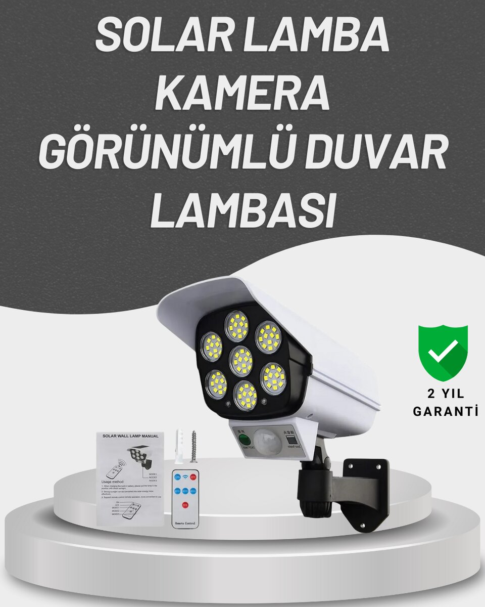 77 LED'li Güneş Enerjili Güvenlik Lambası ve Kukla Kamera – Hareket Sensörlü, 2400mAh Pilli 77 LED'li Güneş Enerjili Güvenlik Lambası ve Kukla Kamera – Hareket Sensörlü, 2400mAh Pilli