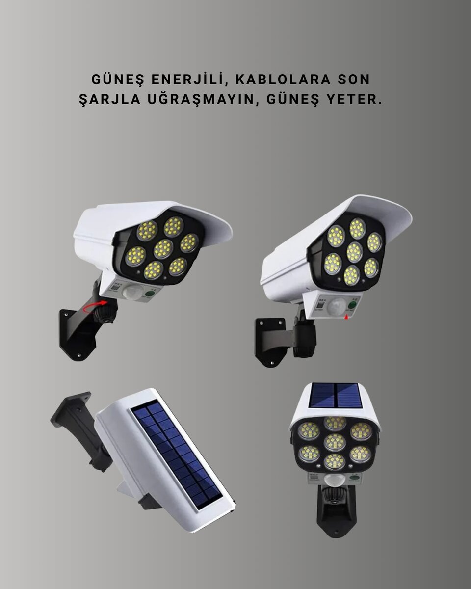 77 LED'li Güneş Enerjili Güvenlik Lambası ve Kukla Kamera – Hareket Sensörlü, 2400mAh Pilli 77 LED'li Güneş Enerjili Güvenlik Lambası ve Kukla Kamera – Hareket Sensörlü, 2400mAh Pilli