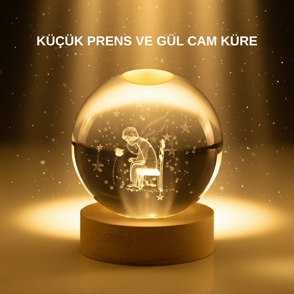 Küçük Prens Cam Küre USB Işıklı Ahşap Standlı Büyük Boy Küçük Prens Cam Küre USB Işıklı Ahşap Standlı Büyük Boy