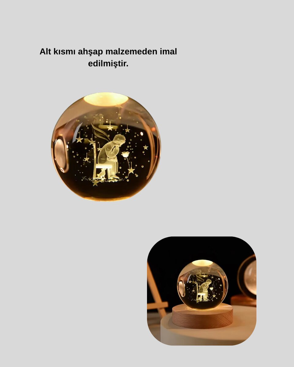 Küçük Prens Temalı Büyük Boy Işıklı Cam Küre Ahşap Stand Küçük Prens Temalı Büyük Boy Işıklı Cam Küre Ahşap Stand
