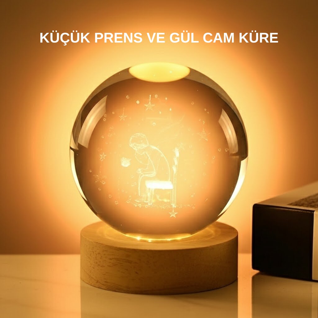 8 cm Küçük Prens Cam Küre USB Işıklı Ahşap Tabanlı Dekor 8 cm Küçük Prens Cam Küre USB Işıklı Ahşap Tabanlı Dekor