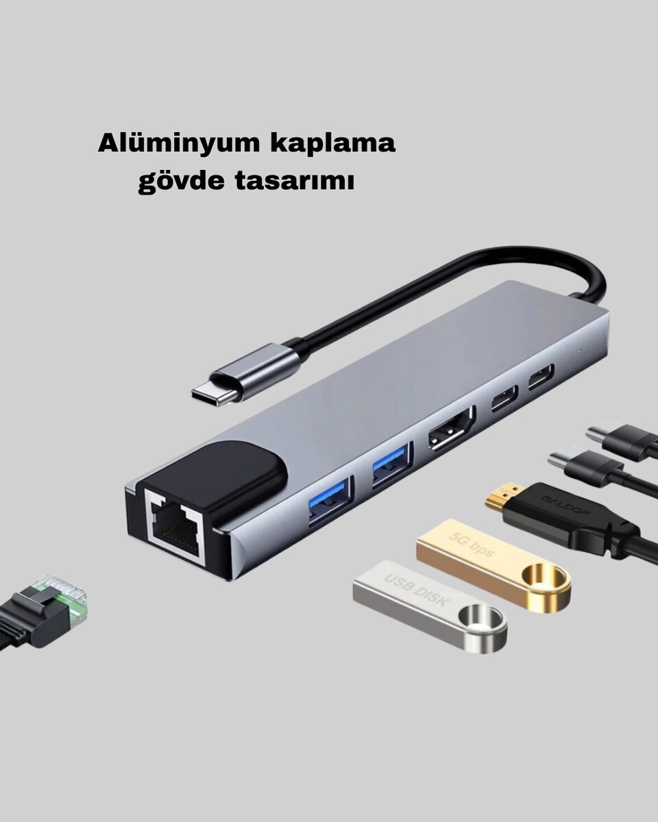 Alüminyum Kasalı MacBook USB-C Hub – 4K HDMI, USB 3.0, SD/TF Kart Girişi, PD Şarj Desteği Alüminyum Kasalı MacBook USB-C Hub – 4K HDMI, USB 3.0, SD/TF Kart Girişi, PD Şarj Desteği