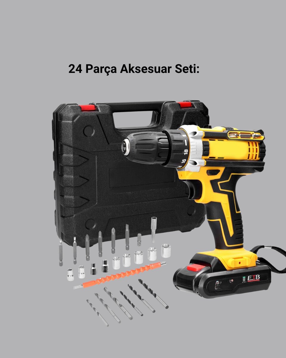 Çift Bataryalı Darbeli Şarjlı Matkap Seti – Metal Dişli, 24 Parça Aksesuar ve LED Işıklı Çift Bataryalı Darbeli Şarjlı Matkap Seti – Metal Dişli, 24 Parça Aksesuar ve LED Işıklı