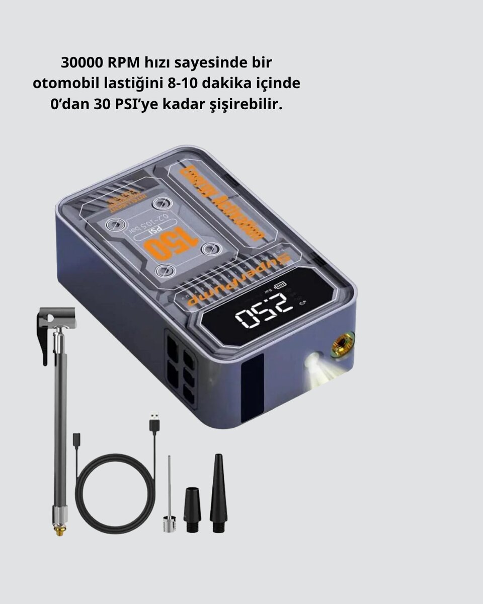Şarjlı Kablosuz Hava Pompası – 150 PSI Basınç, LED Ekran ve 6000mAh Batarya Şarjlı Kablosuz Hava Pompası – 150 PSI Basınç, LED Ekran ve 6000mAh Batarya