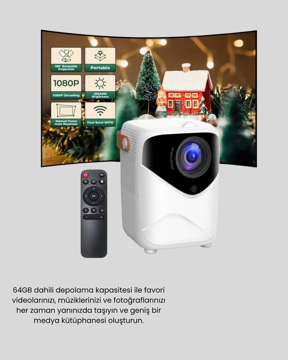 Mini Akıllı Projektör – 1080P Full HD, 64GB Depolama, 2GB RAM, Uzaktan Kumanda Destekli Mini Akıllı Projektör – 1080P Full HD, 64GB Depolama, 2GB RAM, Uzaktan Kumanda Destekli