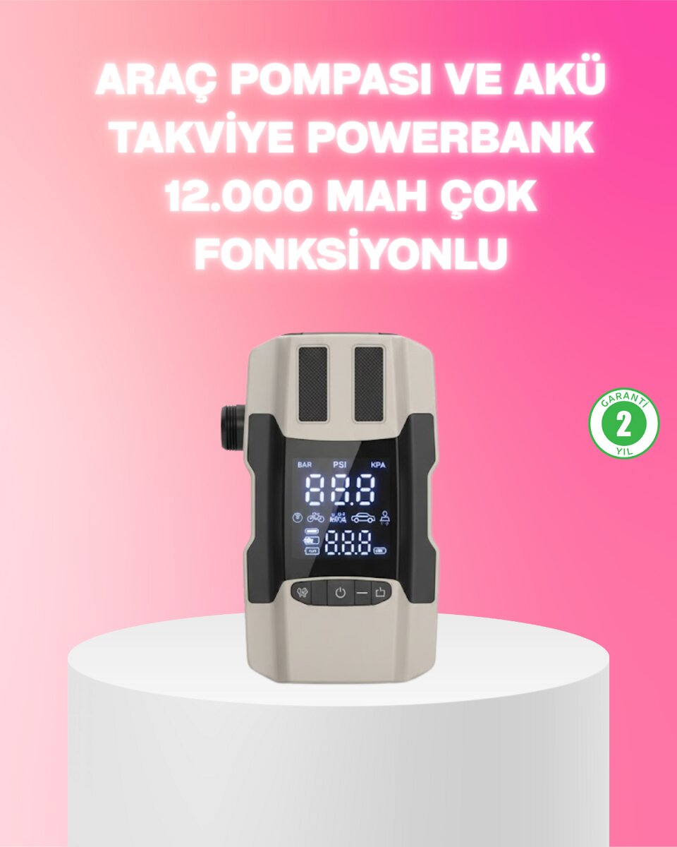 Araç Hava Pompası ve Akü Takviye Powerbank 12.000 mAh Çok Fonksiyonlu Araç Hava Pompası ve Akü Takviye Powerbank 12.000 mAh Çok Fonksiyonlu