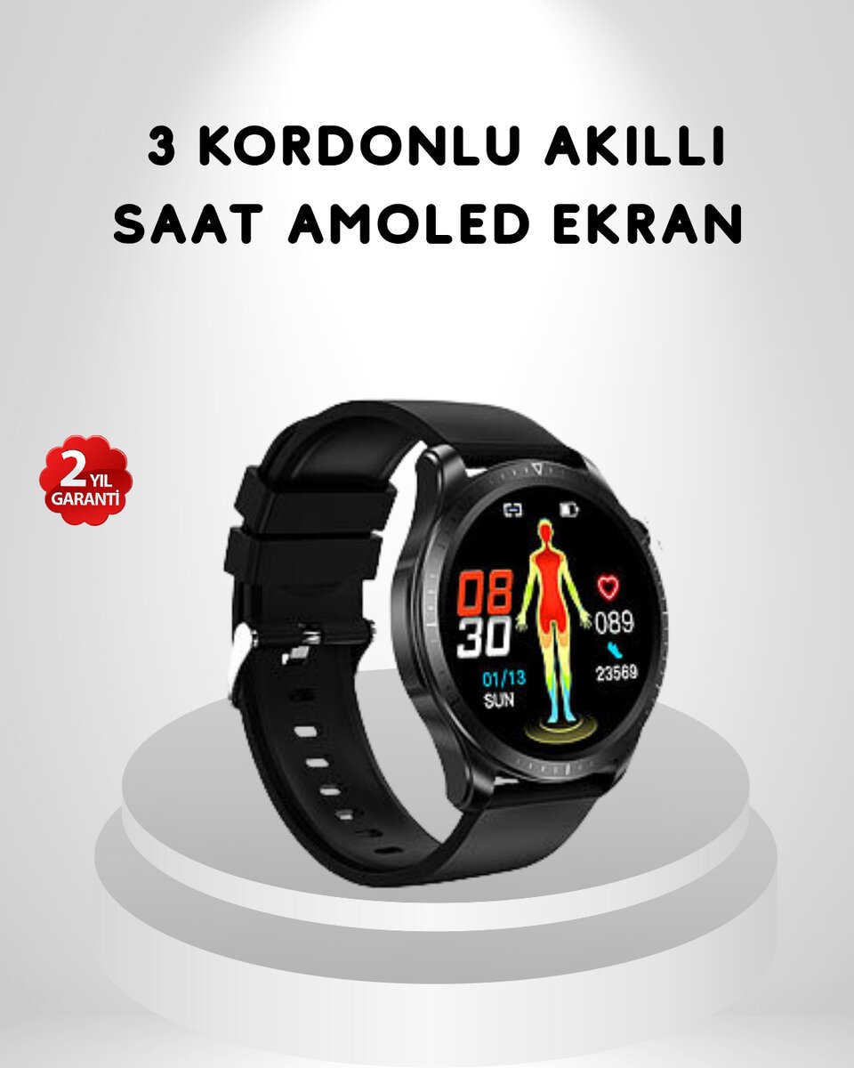 AMOLED Ekranlı Akıllı Saat – 3 Kordon Seçenekli, Suya Dayanıklı, Kalp Atış ve Uyku Takip Özellikli AMOLED Ekranlı Akıllı Saat – 3 Kordon Seçenekli, Suya Dayanıklı, Kalp Atış ve Uyku Takip Özellikli