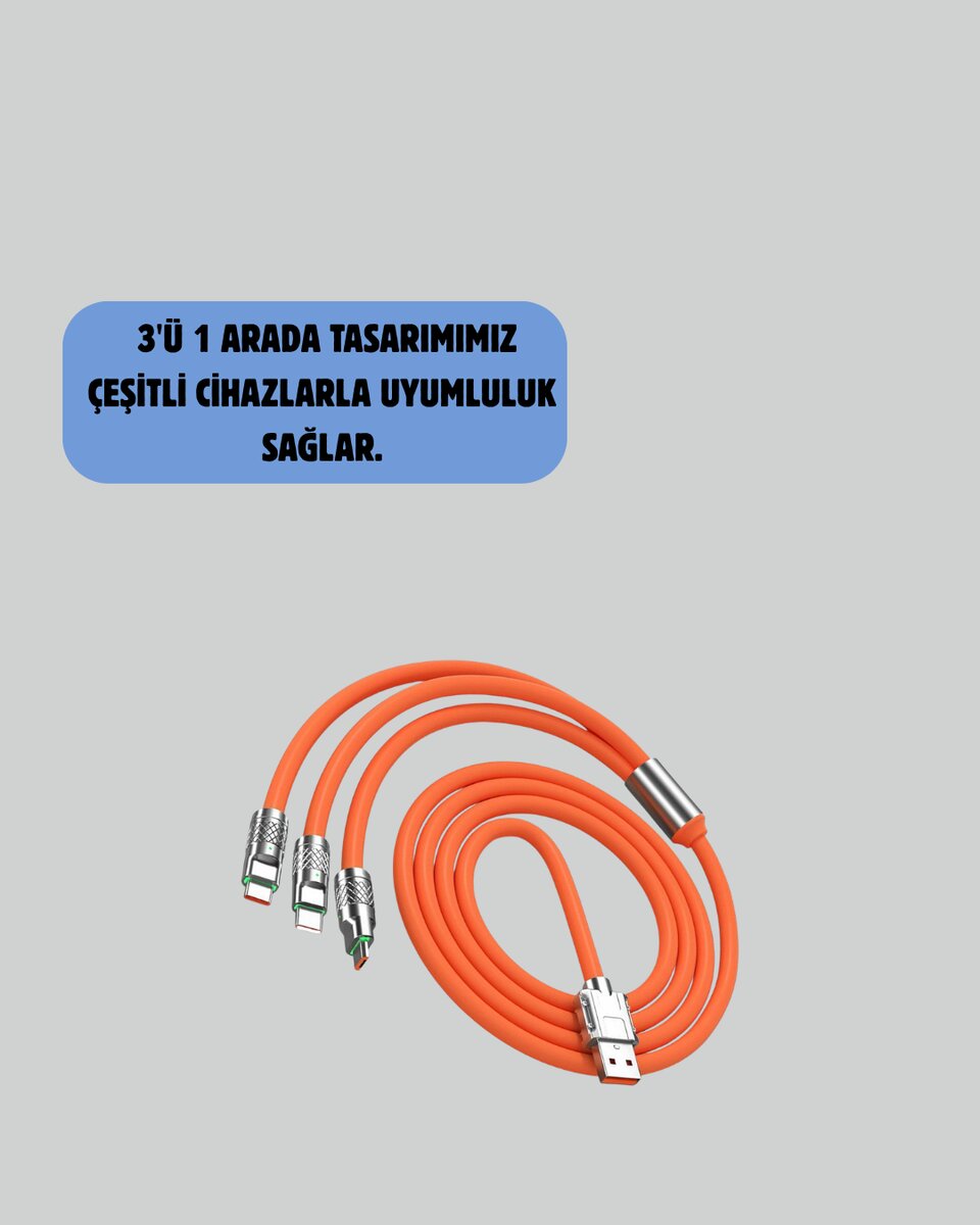 120W Şarj Destekli 3’ü 1 Arada Çoklu Şarj Kablosu – 1.2 Metre