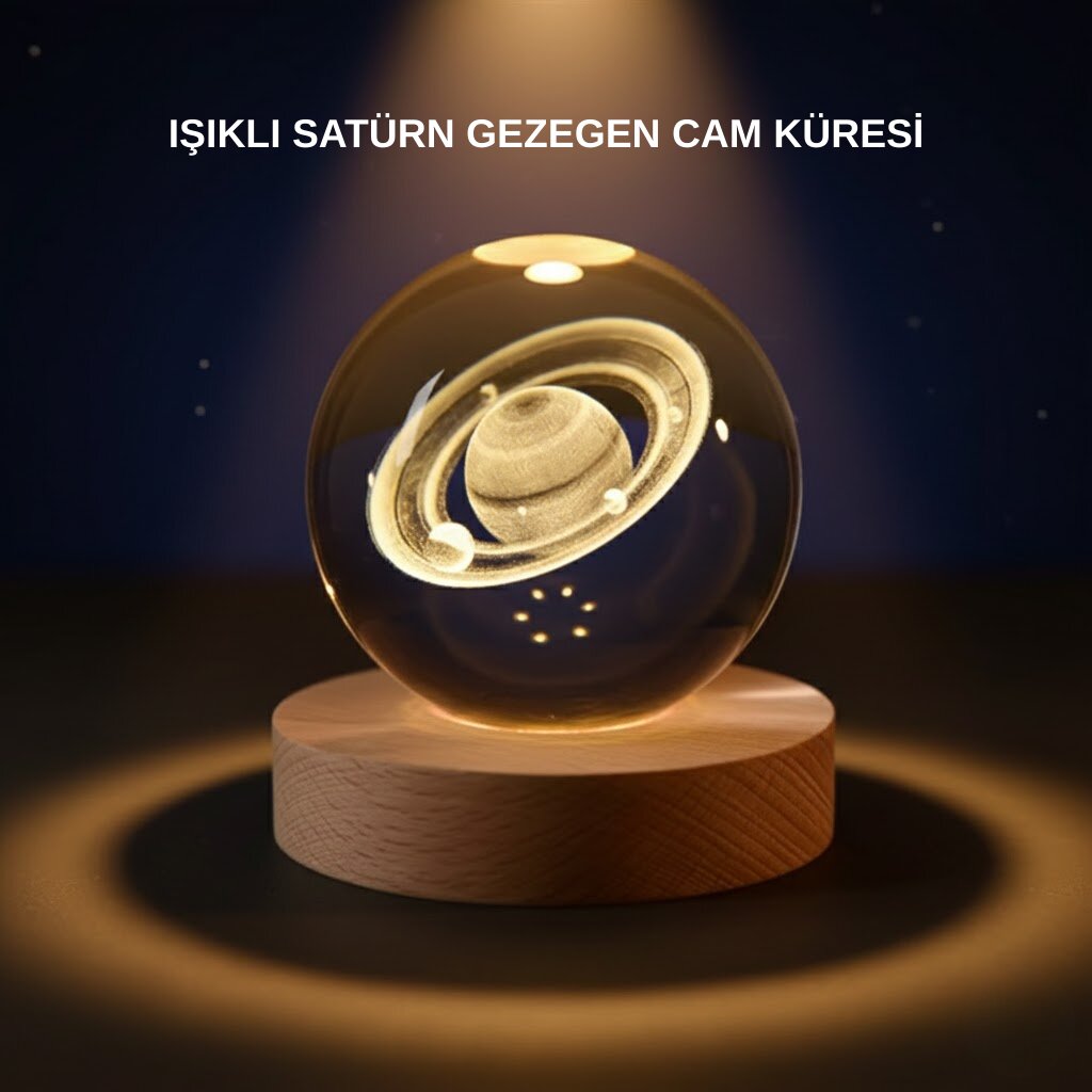 Satürn Desenli Kristal Küre LED Gece Lambası Ahşap Standlı Satürn Desenli Kristal Küre LED Gece Lambası Ahşap Standlı