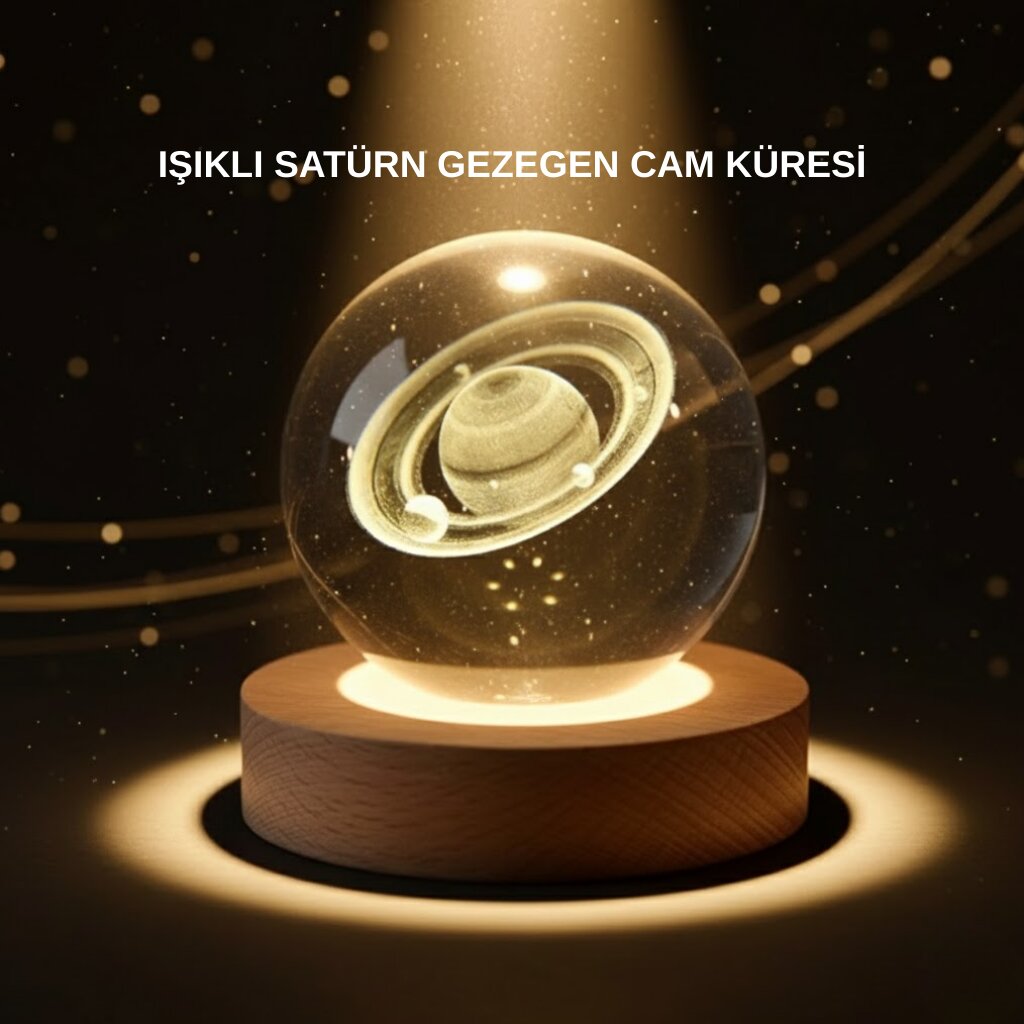 Dekoratif 3D Satürn Motifli Kristal Küre Işıklı Gece Lambası
