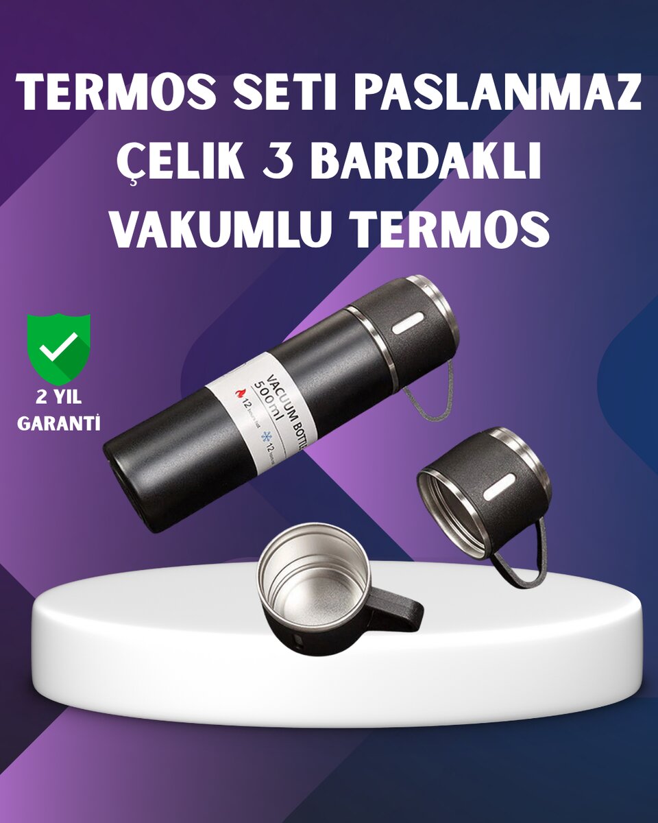 Paslanmaz Termos ve İkili Bardak Seti | 6-12 Saat Sıcak/Soğuk Tutma Paslanmaz Termos ve İkili Bardak Seti | 6-12 Saat Sıcak/Soğuk Tutma