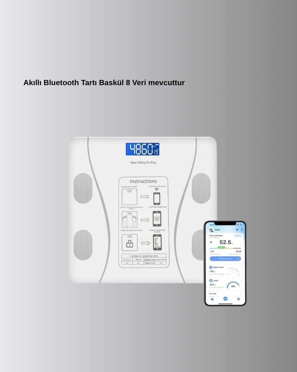 Bluetooth Akıllı Tartı – 8 Fonksiyonlu Dijital Baskül, 180 kg Kapasiteli Bluetooth Akıllı Tartı – 8 Fonksiyonlu Dijital Baskül, 180 kg Kapasiteli