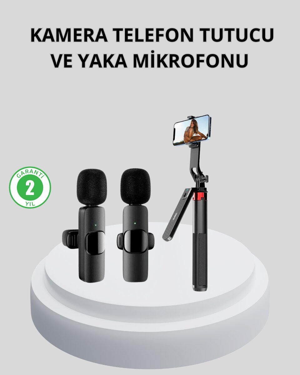 Kablosuz Çift Yaka Mikrofonu ve Tripodlu Selfie Çubuğu İçerik Üretici Seti Kablosuz Çift Yaka Mikrofonu ve Tripodlu Selfie Çubuğu İçerik Üretici Seti