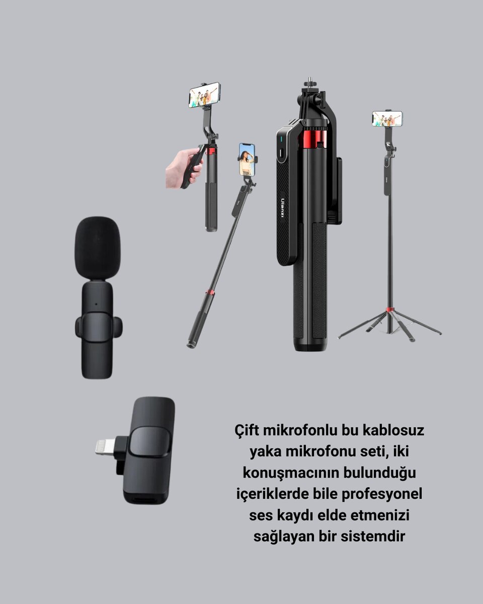 Kablosuz Çift Yaka Mikrofonu ve Tripodlu Selfie Çubuğu İçerik Üretici Seti Kablosuz Çift Yaka Mikrofonu ve Tripodlu Selfie Çubuğu İçerik Üretici Seti