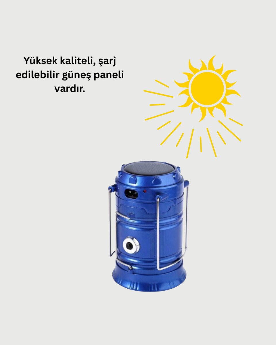 Güneş Enerjili Katlanabilir Kızaklı Kamp Feneri – USB Şarjlı, Çok Yönlü ve Dayanıklı Tasarım Güneş Enerjili Katlanabilir Kızaklı Kamp Feneri – USB Şarjlı, Çok Yönlü ve Dayanıklı Tasarım
