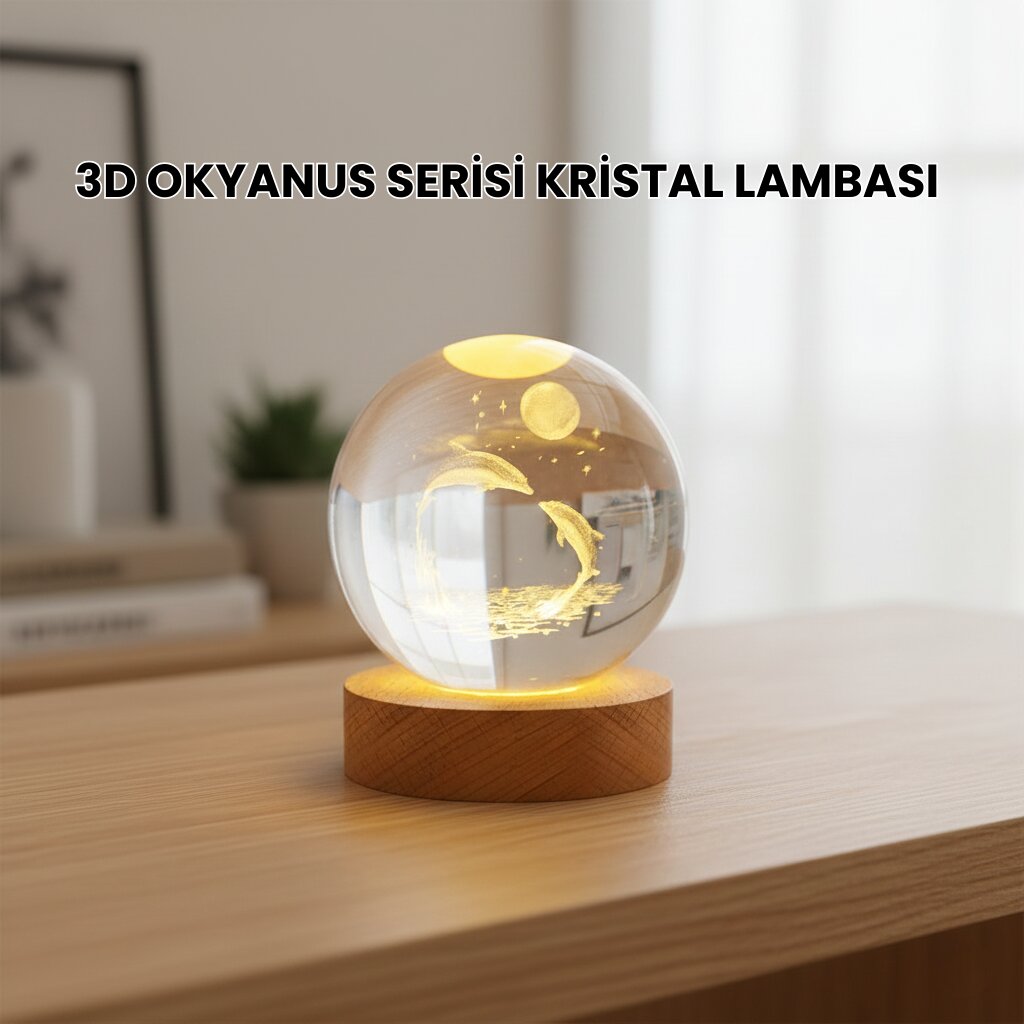3D Yunus Desenli Kristal Küre Ahşap Tabanlı Işıklı Dekor Objesi 3D Yunus Desenli Kristal Küre Ahşap Tabanlı Işıklı Dekor Objesi